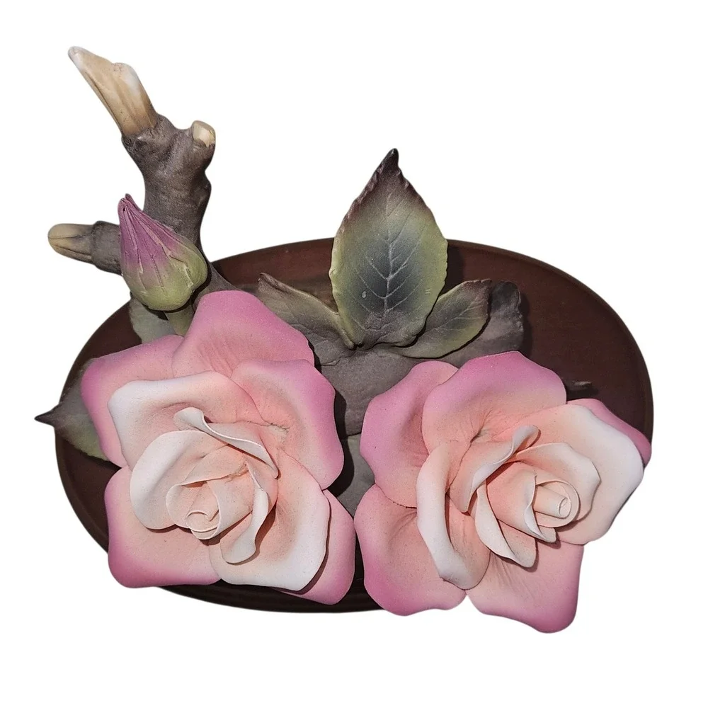 Farling & Reiss Vintage Pink Porcelain Roses Musical Figurine w/Wood Base 26903‎